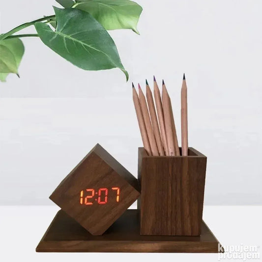 WOODEN clock/digitalni sat sa stalkom za olovke