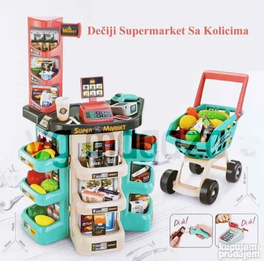 Veliki SUPERMARKET za decu sa kasom, namirnicama i kolicima